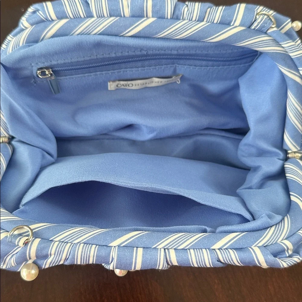 CATO Blue & White Striped Poplin with Pearls Clutch or Chain Crossbody Preppy
